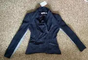 sass and bide Navy Suede Jacket With Grey Rib Contrast And Navy Leather Trim siz