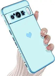 [KANGHAR] Compatible with Google Pixel 8 Pro 5G Case for Women Girl, Plating Edge Cute Love Heart Soft TPU Bumper with 4 Corners Shockproof Protection Phone Case Cover for Pixel 8 Pro 5G(Blue)