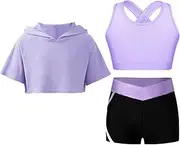 [Yhong] Girls Athletic Tracksuit Short Sleeve Hooded With Sleeveless Sports Bra and Tumbling Shorts Set Activewear
