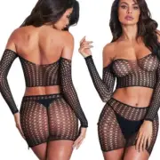 Sexy 2 Piece Fishnet Body Stocking Skirt Top One Size