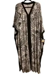 Ellen Tracy Plus Size Wide-Sleeve Printed Caftan Women's 3X Zip Front Bl & White