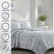 NEW! ~ COZY CHIC SOFT FRENCH COUNTRY LIGHT BLUE GREY SHABBY WHITE LEAF QUILT SET