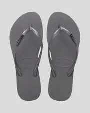 [Havaianas] Havaianas Women's Slim Metal Logo Flip Flops Slippers in Grey/Silver One Size Grey/Silver