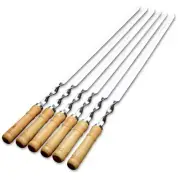 6pc Stainless Steel BBQ Skewers Barbeque Flat with Wooden Handle 20inch