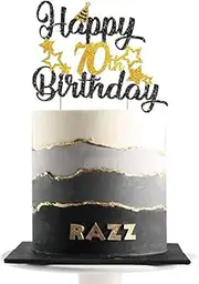 70th Birthday Cake Topper, Black Gold Glitter Cupcake Topper for Happy 70th Birthday Party Decorations Supplies for Men or Women