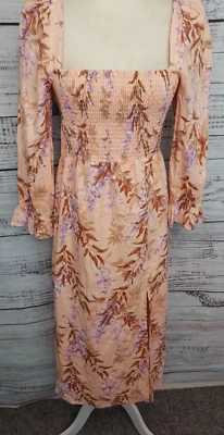 House of Harlow 1960 Women Small Midi Dress Palm Leaf Linen Blend Smock Bodice