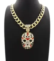 Men's Jason Mask Pendant With 18" 11mm Cuban Link Chain 14K Gold Plated*