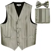 New Men's vertical stripes Tuxedo Vest Waistcoat_bowtie & hankie silver formal