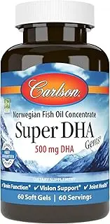 Carlson - Super DHA Gems, 500 mg DHA, Norwegian Fish Oil Concentrate, Sustainably Sourced, 60 Soft gels
