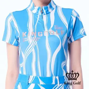 【KING GOLF】實體同步款-女款緞帶剪影印花涼感短袖拉鍊POLO衫/高爾夫球衫(藍色)