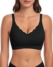 [WOWENY] Wireless Bras for Women No Underwire Seamless Bra Wavy Full Coverage Wide Strap V Neck Bralette Padded Push Up