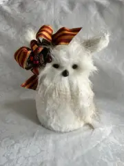 White OWL Tree Topper Winter Decor w/ Designer Heirloom Stripe Ribbon Bow #1 NEW