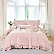 ANGIYUIN 5 Pieces Blush Pink Ruffled Comforter Sets Full Farmhouse Bed in A Bag with Layer Ruffle Soft Lightweight Bedding Sets with Sheet Sets, Pillowcases（Blush Pink Full）