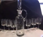 New Vintage Romanian Crystal Decanter Set 6 Glasses