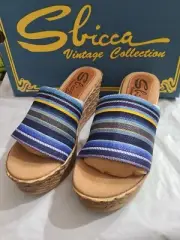 Sbicca Vintage Collection Agave Espadrille Wedge Sandals Blue Striped Size 5 NEW