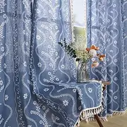 Navy Blue Western Rustic Boho Curtains 96 Inch Length, Farmhouse Linen Floral Curtains for Bedroom Living Room Vintage Printed Patterned Long Curtain Drapes