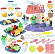 Crelloci 2 in 1 Play Ice Cream Maker Truck Set Clay Kitchen Creations Food Kits Tools and Cutters Accessories for Kids 3 4 5 6 Years Old Girls Boys Toys