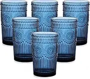 Vintage Glassware Drinking Glasses Set of 6,13 oz Blue Textured Flower Design Glass Water Tumblers，Embossed Striped Drinkware for Water,Cocktails,Juice,Iced Coffee