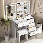 Umeiga LED Lights Vanity Set with 3 Color Light Settings, Vanity Desk with Drawers and Shelves, Sliding Mirror Vanity Table with Cushioned Stool for Girls and Women