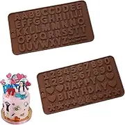 2Pcs Silicone Letter and Number Chocolate Moulds, with Decorative Symbols, Used for Cake Making, for DIY Chocolates, Candies or Fondant, etc (Brown)
