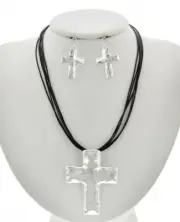 Silver Tone Hammered Cross Pendant Black Cord Necklace & Earring Set