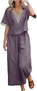 [NAKEAH] Women's Casual Loose Linen Two Piece Set Summer Lace Stitching V Neck Short Sleeve Shirt & Pants 2pcs Set