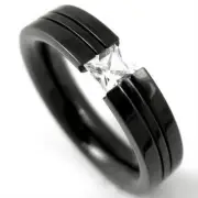 Black Plated TITANIUM High Polished Tension RING with 4mm Square CZ, size 5