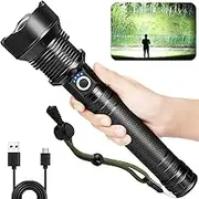 Cinlinso Rechargeable Tactical Flashlight 90000 Lumen with Battery,Most Powerful Water Resistant Camping Flashlight,Super Bright Portable Outdoor Torch Light Zoomable Flashlight with Power Display