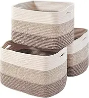 [ICERZCZ] Storage Baskets for Organizing Shelves, Woven Cotton Rope Bins for Baby Nursery Organization, Book Toy Towel Organizer, 15"x11"x9.5", 3 Packs, Gradient Brown