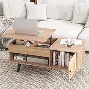 Costway Lift-Top Coffee Table, Flip Top Center Table, Small Coffee Table with Hidden Storage & Open Shelf, Convertible Office Table, Lift Tabletop Dining Table for Living Room (Natural)