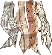 [ZGGZHeim] Set of 4 Slim Neckerchiefs, Women's Fashionable Satin Scarf for Handbags, Hair and Neck, Stylish Women's Satin Scarf as Hair Accessories or Bag Handle Decoration, Bohemian Style for Everyday Use and