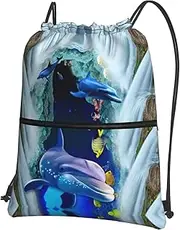 EdWal Dolphin Print Drawstring Backpack Gym Bags Sports Bags With Zipper Pocket For Travel Beach, Black, One Size