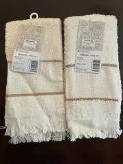 2 Charles Craft 14 Count Cross Stitch Tan Border Fingertip Towels NOS