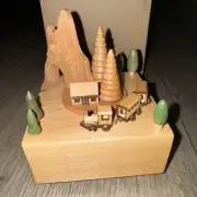 Wooden Music Box Mountain House Moving Magic Train Art Piece New In Box
