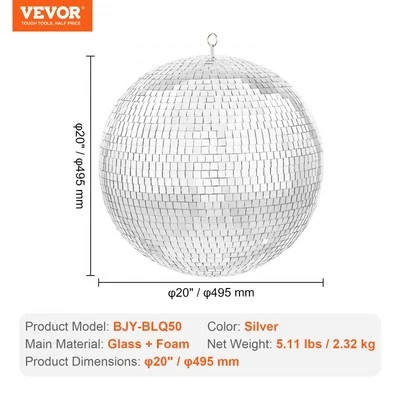 Large 495mm Silver Mirror Disco Ball with Hanging Ring for Parties and Events