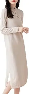[Kiioouu] Women's Chinese-Style Buckle Wool Pullover Jumper Women's Long Sweater Dress Slim-Fit Slit Knitted Cheongsam