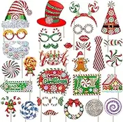 30 Pieces Christmas Party Photo Props,Christmas Peppermint Candy Photo Props Kit for Sweet Xmas Party Decorations Supplies, Christmas Round Lollipop Themed Selfie Props Pose Sign