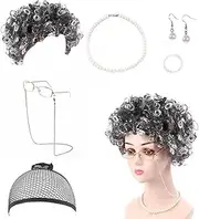 XMANX 7 Pcs/Set Old Lady Dress Up Set，Cosplay Grandmother Accessories Granny Costume Wig Adult Halloween Masquerade Party Witch Decoration Event(Black White Afro)