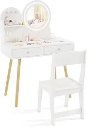 HONEY JOY Kids Vanity Set, Princess Dressing Table with Chair, 2-Color Front Lit Mirror, 2 Drawers, Open Storage Shelve, 3 Hooks, Pretend Play Makeup Vanity for Toddler (White)