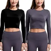 [YUSHOW] Pack of 2 Fitness Shirt Women's Gym Long Sleeve Compression Shirt Crew Neck Breathable Lightweight Long Sleeve Yoga Shirt