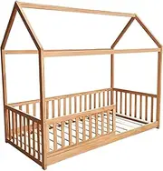 Wooden Kids Bed Frame Single Size Timber House Pine Wood Mattress Base Platform Children Bedroom Furniture Oak & White