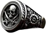 [Ymall] Vintage Pirate Skull Ring, Double Blade Design, Men's Stainless Steel Biker Ring, Antique Silver