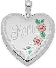 [JewelryWeb] 925 Sterling Silver Patterned Holds 2 photos Polished and satin 24mm Enameled Floral Mom Family Love Heart Locket