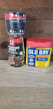 Two spices: McCormick Peppercorn Medley Grinder 0.85 oz & OLD BAY Seasoning 2 oz