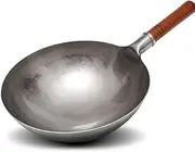 Hand Hammered Iron Wok Traditional Uncoated Wok with Detachable Wood Handle Kitchen Pot Cookware(30cm)