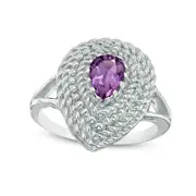 Pear-Shaped Amethyst Rope-Textured Frame Ring in Sterling Silver