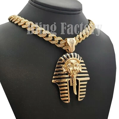 Hip Hop Egyptian Pharaoh Cubic Zirconia Pendant & Iced Cuban Chain Necklace