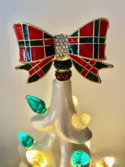 Ceramic Christmas Tree Custom Topper Bow Red Green Plaid Crystals Decor