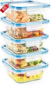 10pc Glass Food Storage Container Set Square w/ Lids Kitchen Pantry Organiser