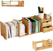 Desktop Organizer Storage Rack Bamboo Expandable Bookshelf with 2 Drawers and CD Holder for Home Office